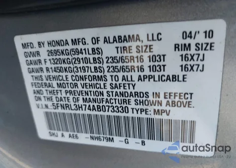 2010 Honda Odyssey Ex-L from USA, damaged, VIN 5FNRL3H74AB073330